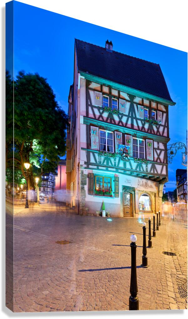 Timber framed houses in Colmar at night with soft lights Canvas Print