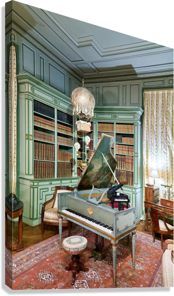 Chateau de Cheverny interior with piano and bookshelves Canvas Print