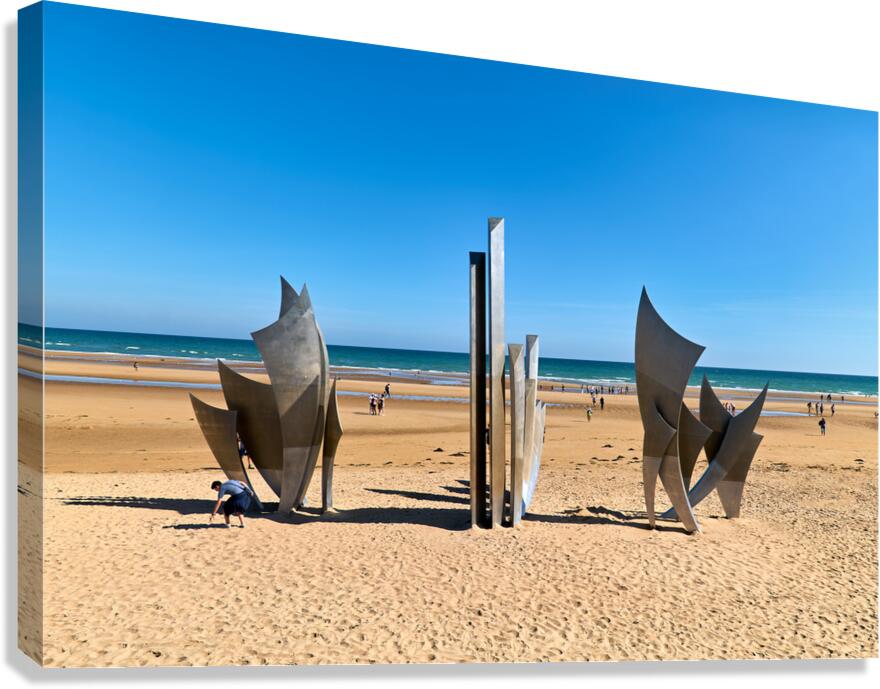Visit to Omaha Beach in Normandy France with memorial sculpture Canvas Print