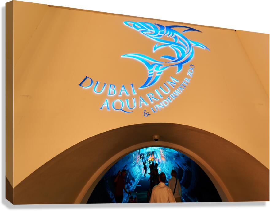 Entrance to Dubai Aquarium Underwater Zoo with glowing shark sig Canvas Print