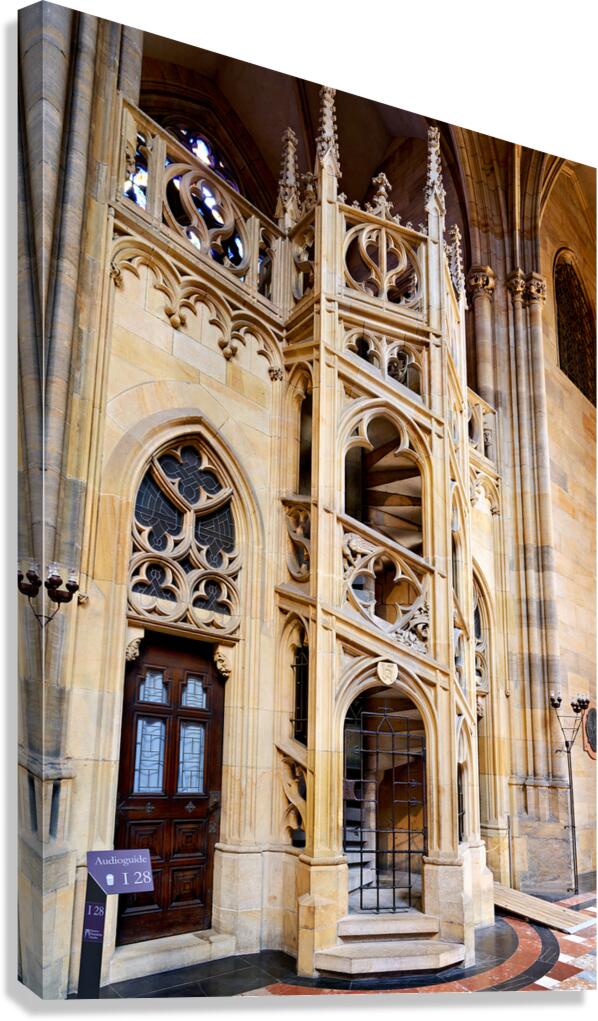 Ornate Gothic spiral staircase and architecture. Canvas Print
