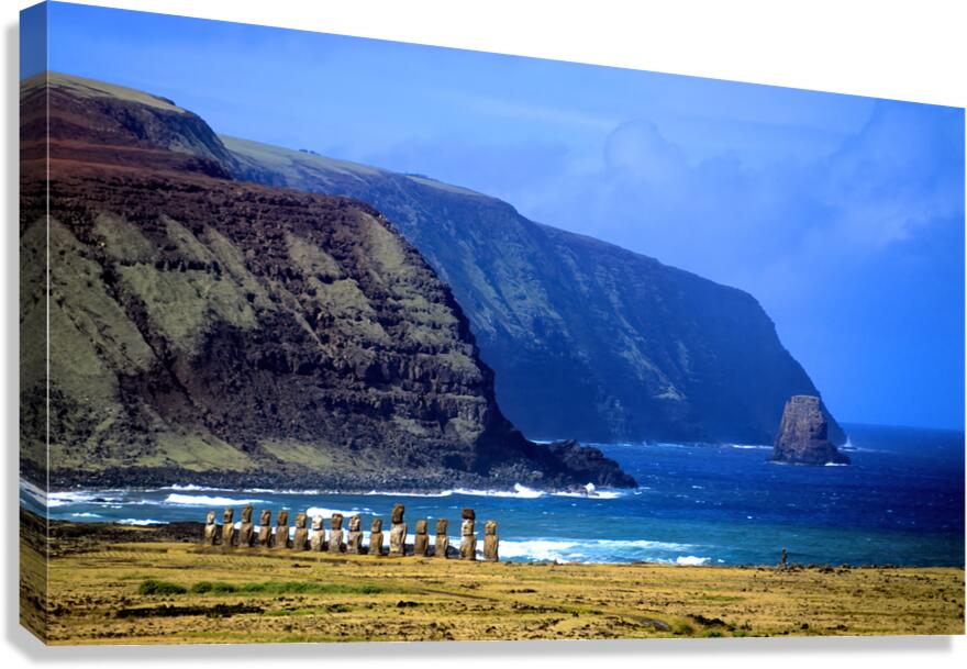 Moai statues on Easter Islands dramatic coastal landscape. Canvas Print