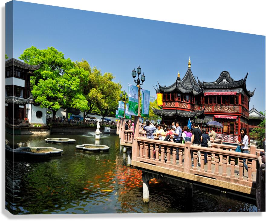 Vibrant Chinese garden with koi pond and visitors in Shanghai Canvas Print