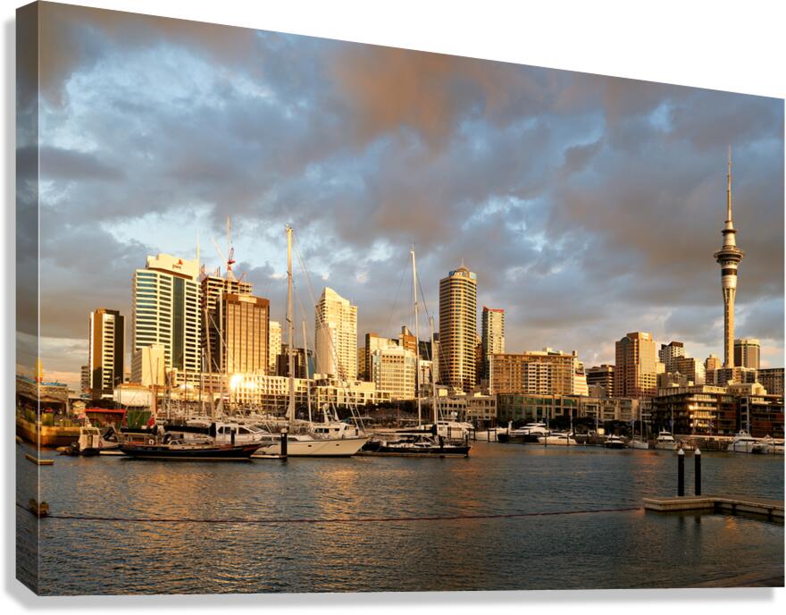 Auckland skyline at sunset from Viaduct Harbour Canvas Print