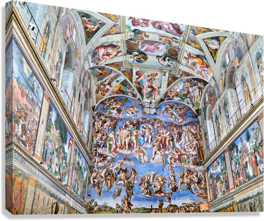 Visitors observe Michelangelos Last Judgement in the Sistine Ch Canvas Print