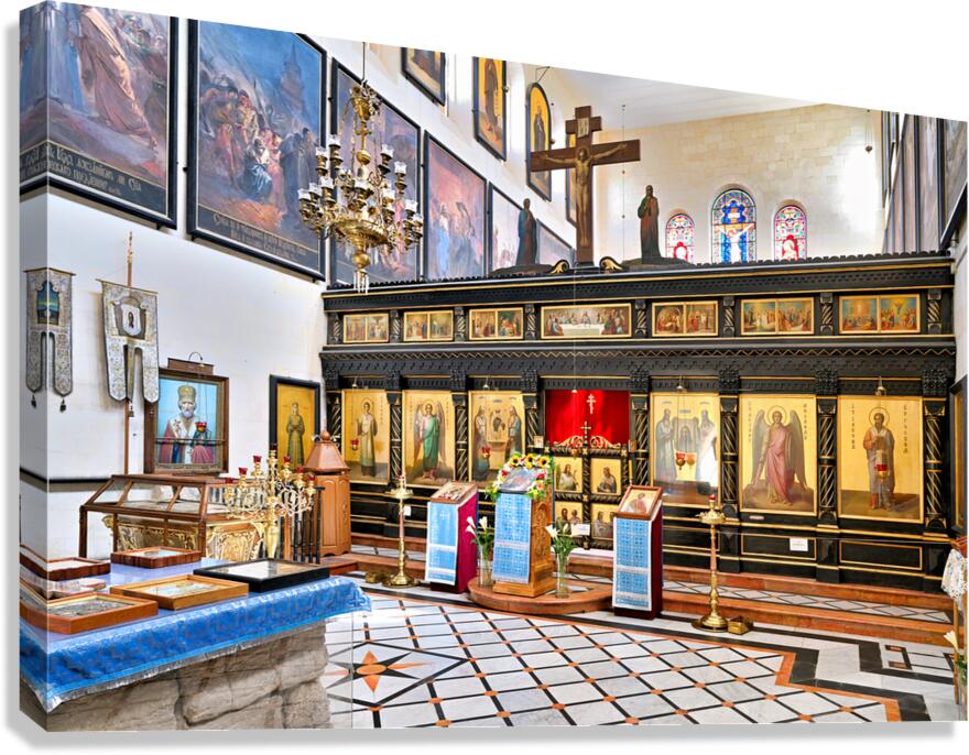 Orthodox Church interior in Jerusalem with icons and decorations Canvas Print