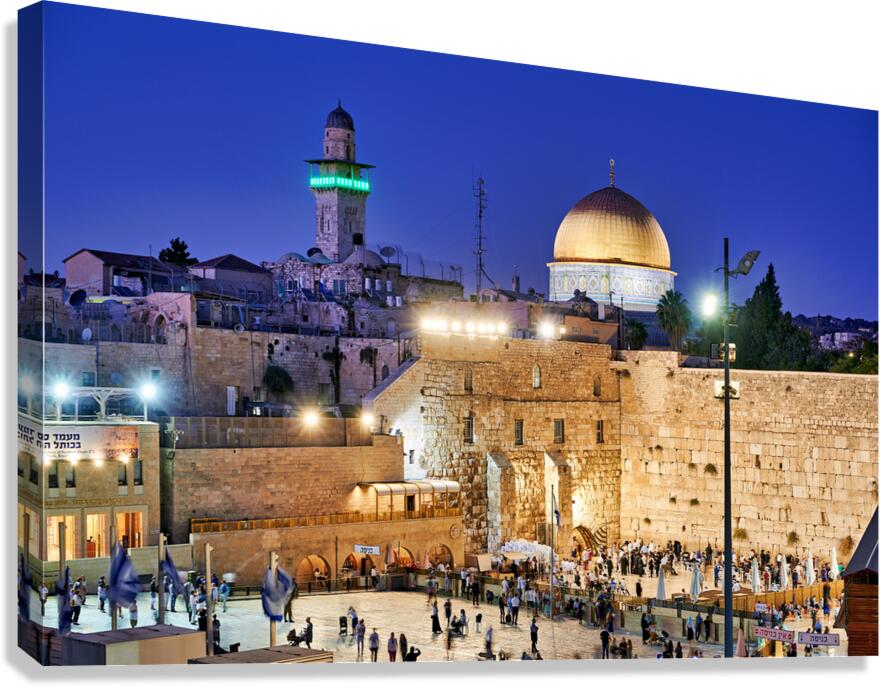 Sunset view of Dome of the Rock and Wailing Wall in Jerusalem Canvas Print