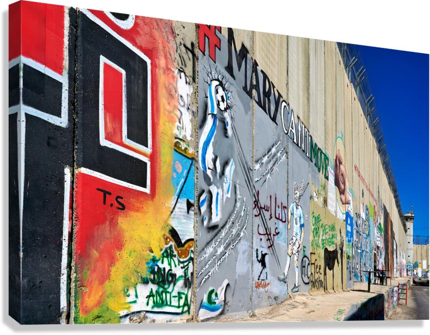 West bank separation wall with street art in Bethlehem Jerusale Canvas Print