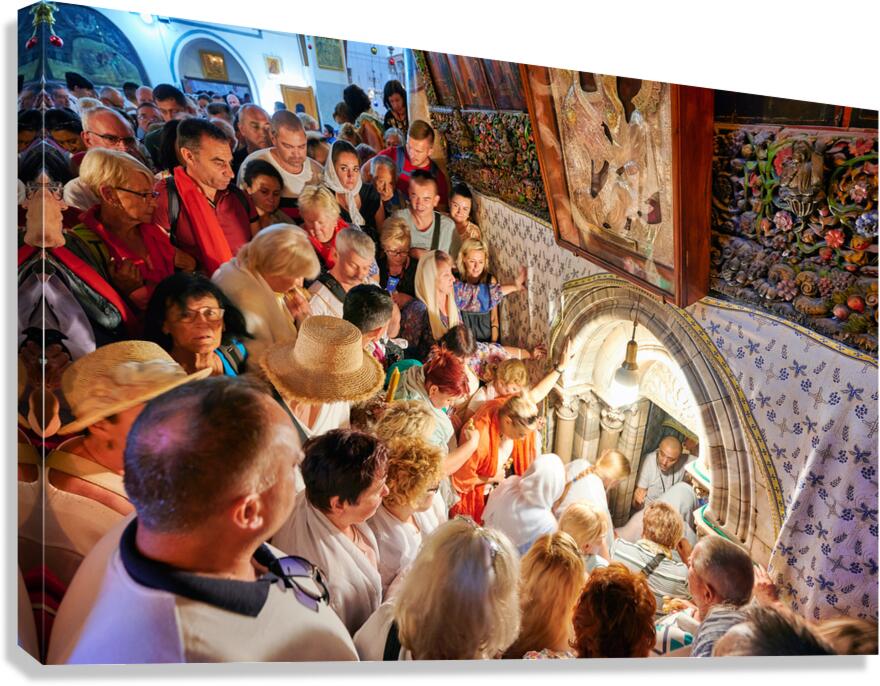 Crowd gathers at grotto of nativity in Bethlehem Israel Canvas Print