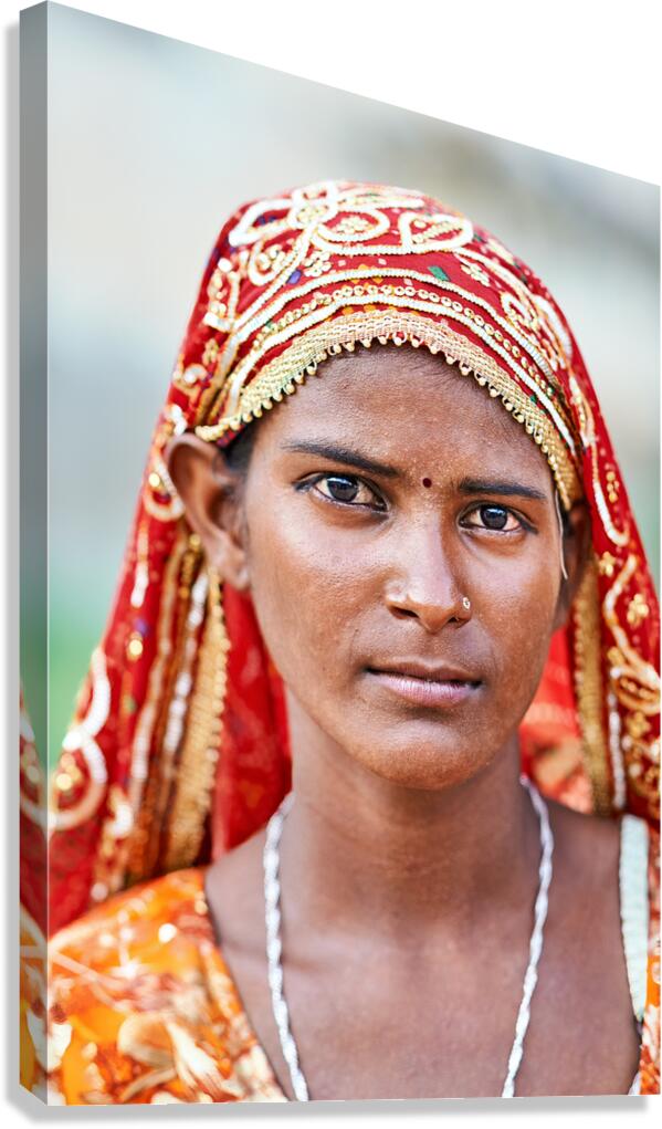Portrait of woman in traditional dress in Mandawa Rajasthan Canvas Print