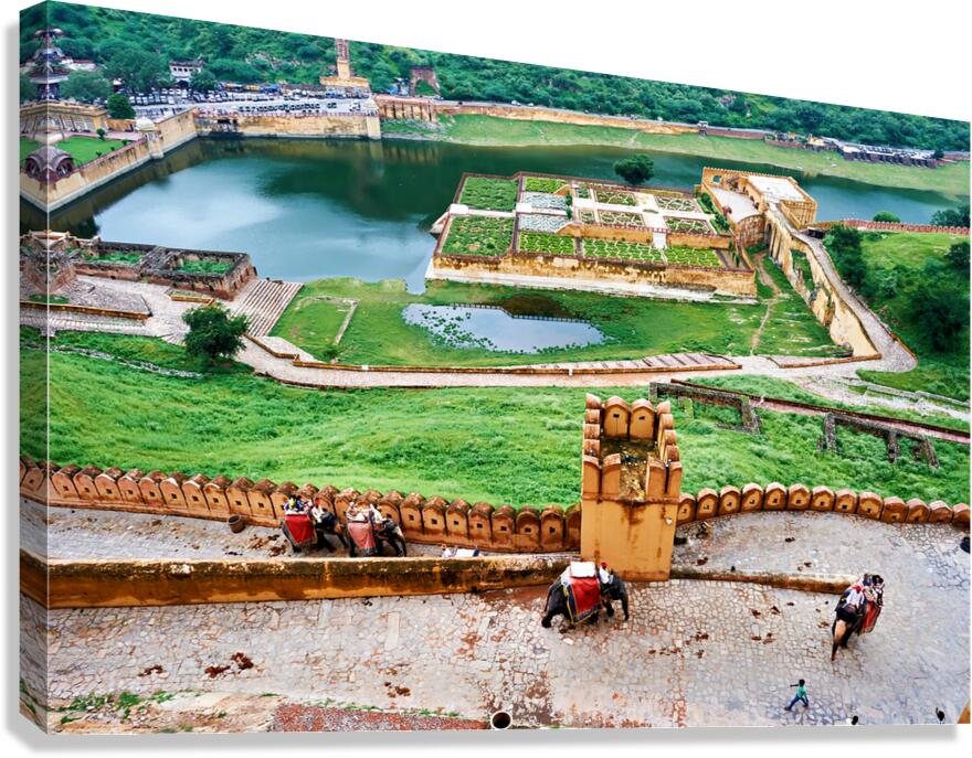 Exploring Amber Palace in Rajasthan with visitors and elephants Canvas Print