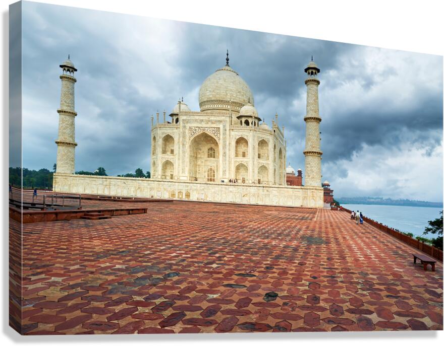 Taj Mahal in Agra during cloudy weather with empty courtyard Canvas Print
