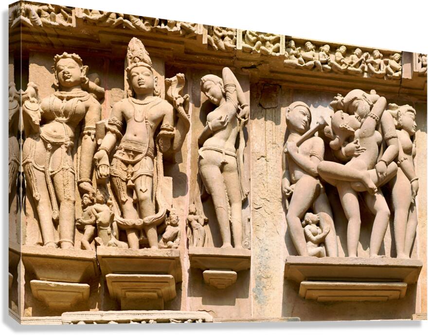 Hindu temples in Khajuraho show ancient art of erotic sculptures Canvas Print