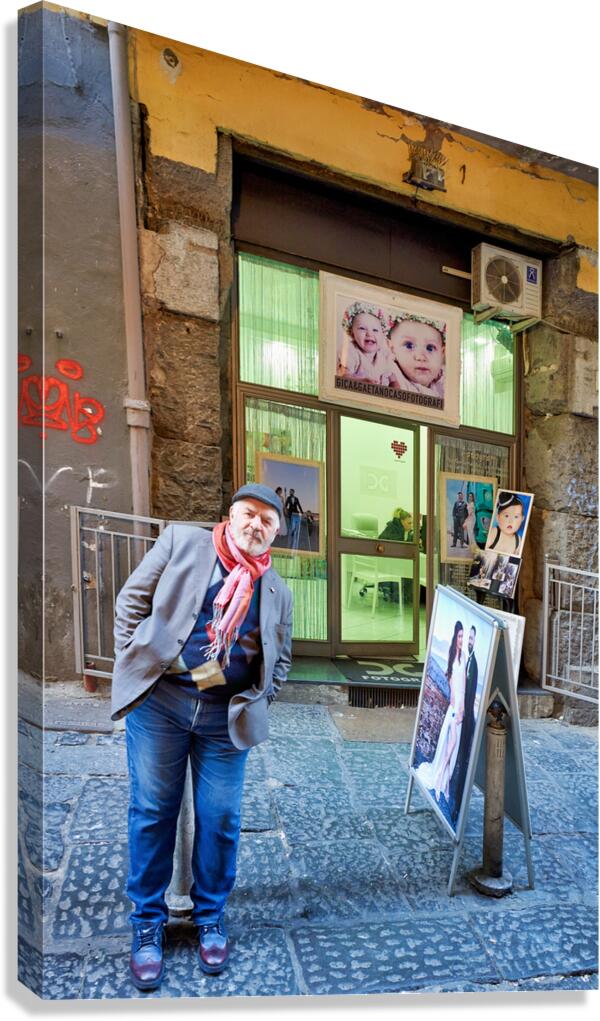 Domenico Caso stands in front of his workshop in Naples Campania Canvas Print