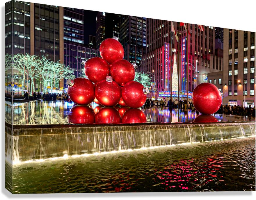 Manhattan showcases big red ornaments at Christmas time Canvas Print