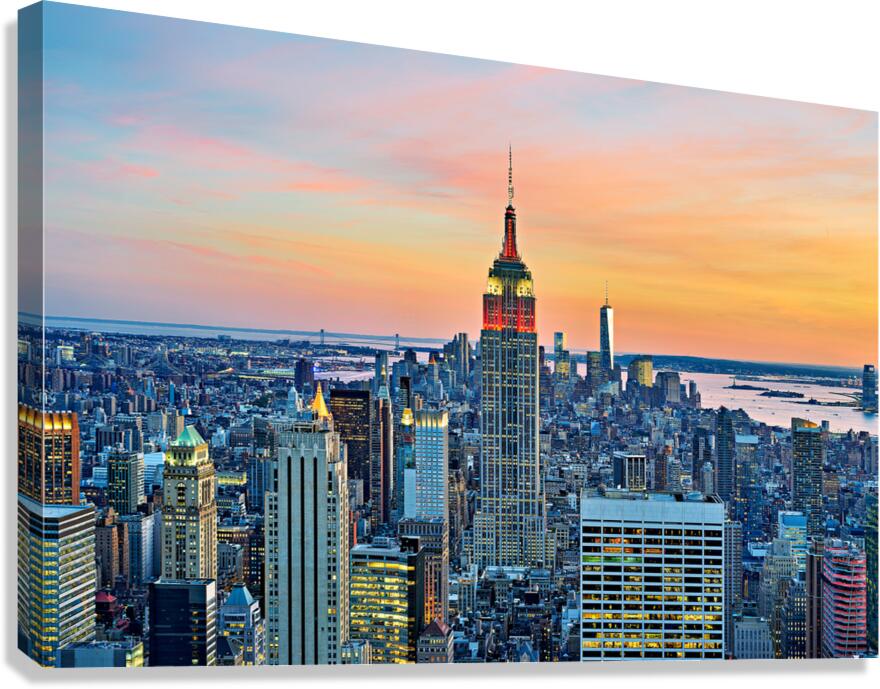 Aerial view of Empire State Building at sunset in New York City Canvas Print