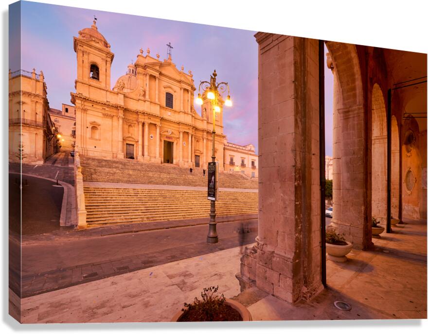Noto Cathedral in Sicily glows at dusk with streetlights Canvas Print
