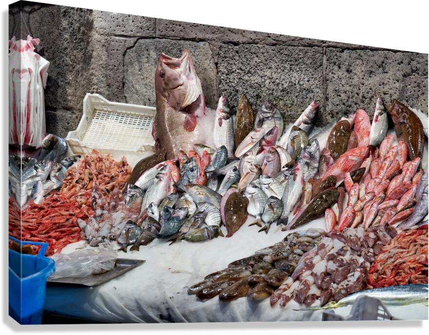 Fresh seafood display at Piscaria market in Catania Sicily Canvas Print