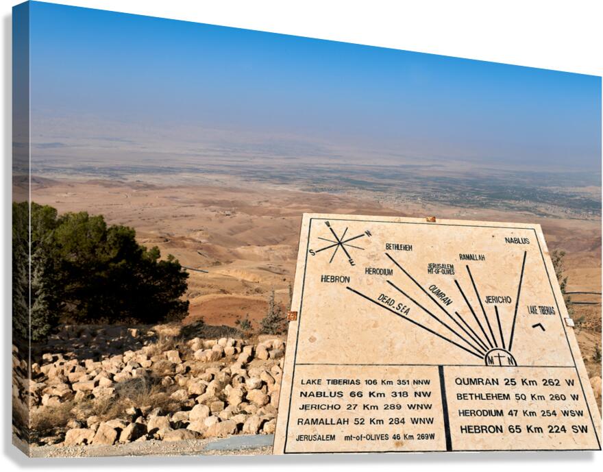 View from Mount Nebo shows signs and the Landscape of Jordan Canvas Print