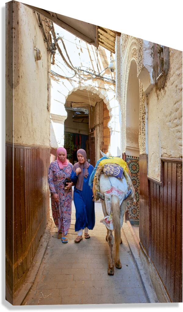 Women walking with donkey in narrow alley of Fez Medina Canvas Print