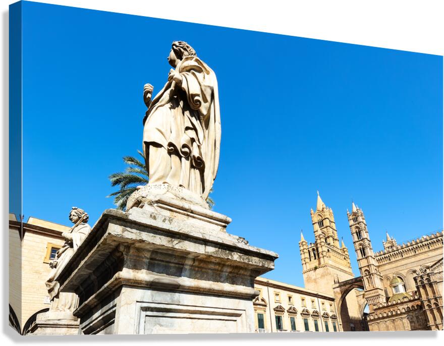 Palermo Cathedral shows statues under clear sky in Sicily Canvas Print