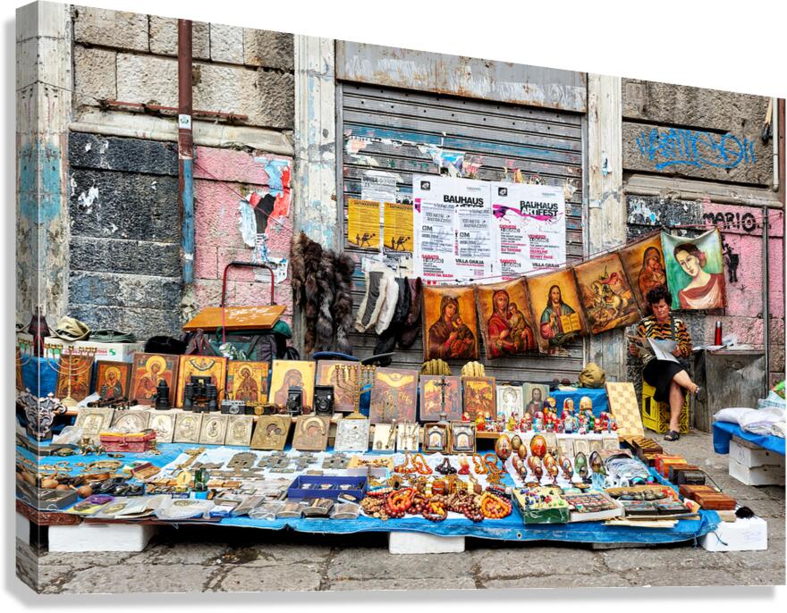 Market scene in Palermo Sicily with local crafts and art Canvas Print