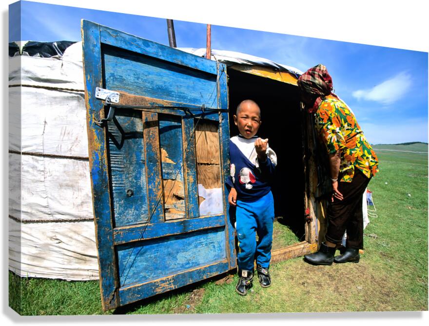 Ger tent in Mongolia with child and elder outside Canvas Print