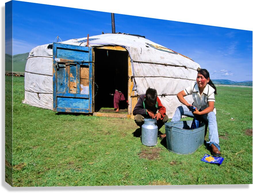 Mongolian ger in the countryside with people and daily activitie Canvas Print
