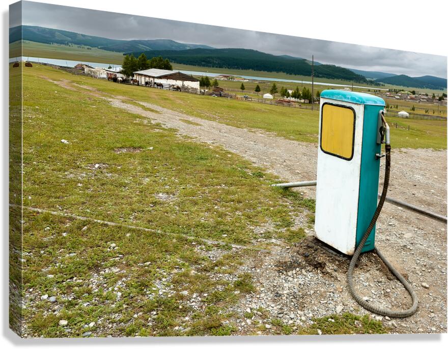 Old style soviet gas station in Mongolia near open fields Canvas Print