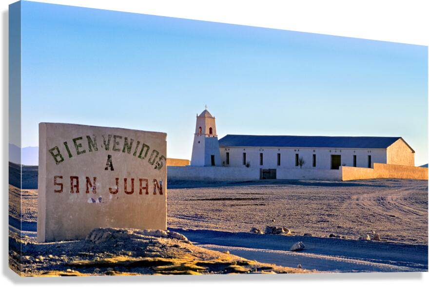 San Juan welcome sign and desert church building. Canvas Print