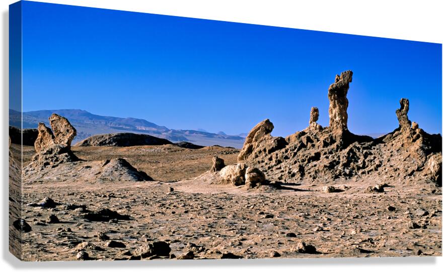Arid desert with unusual rock pillars against a blue sky. Canvas Print
