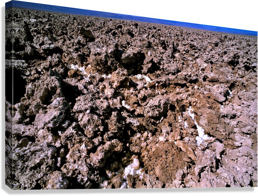 Salt encrusted desert floor under a bright blue sky. Canvas Print