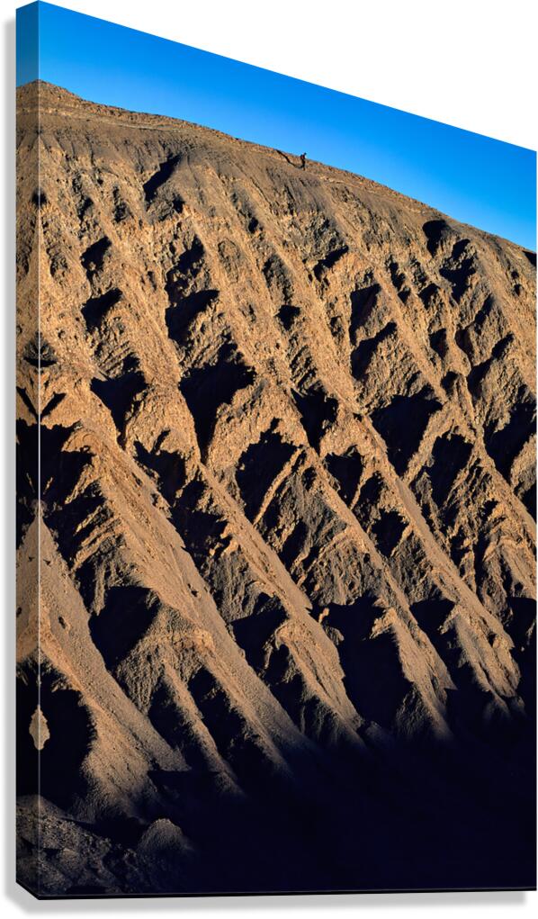 Hiker traverses a dramatic shadowed desert landscape. Canvas Print