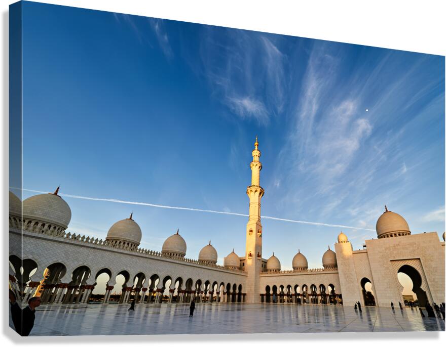 Visit to Sheikh Zayed Grand Mosque in Abu Dhabi at sunset Canvas Print