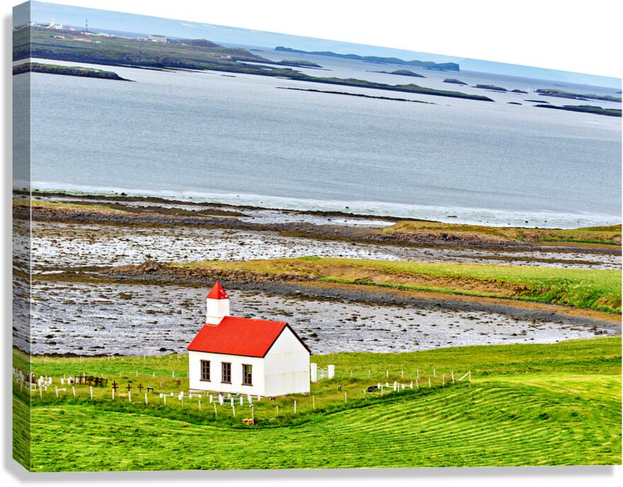Church stands in western fjords of Iceland near the sea Canvas Print