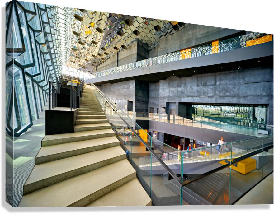 Exploring the interior of Harpa Opera House in Reykjavik Iceland Canvas Print