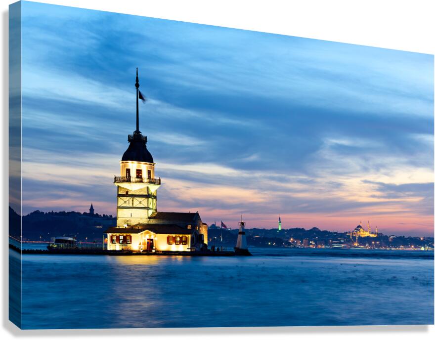 View of Maidens Tower on Bosphorus at sunset in Istanbul Canvas Print