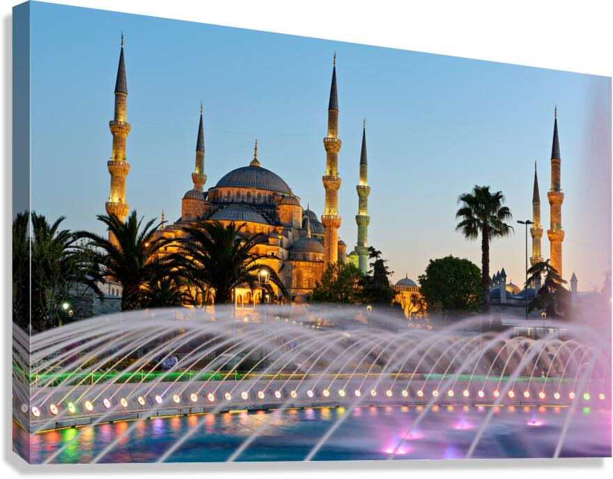 Visit to Blue Mosque and fountain at twilight in Istanbul Canvas Print