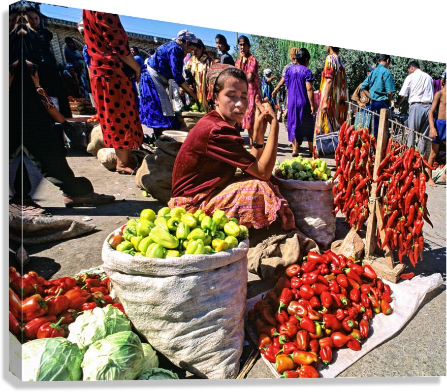 Market scene in Khiva with local produce and vendors Canvas Print