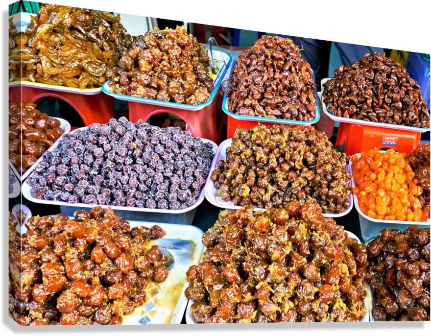 Stalls selling local snacks in Hanoi Vietnam market Canvas Print