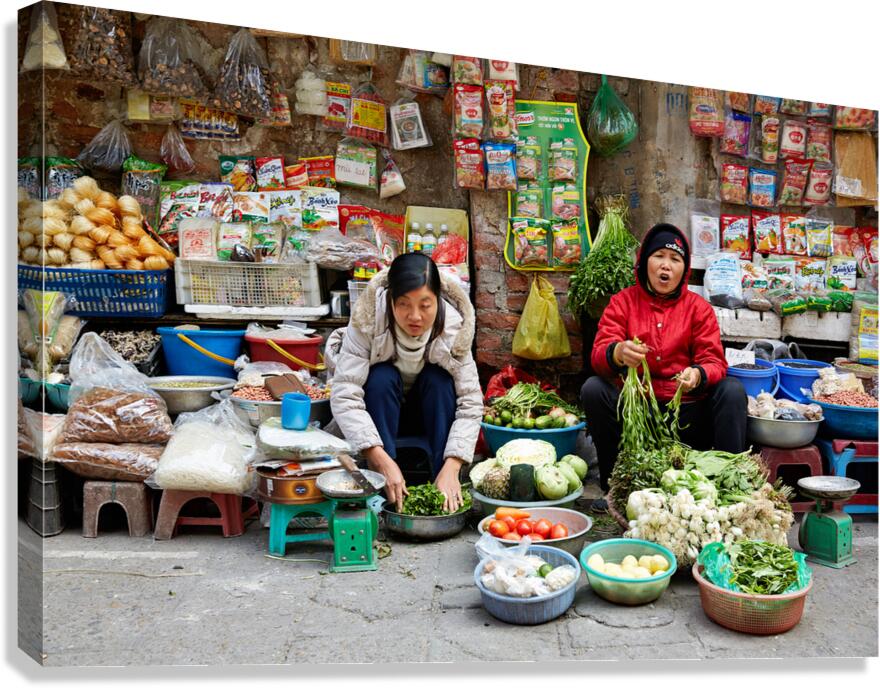 Women selling fresh vegetables in Hanoi market Canvas Print