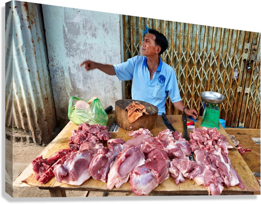 Local butcher selling meat in Phu Quoc market area Canvas Print