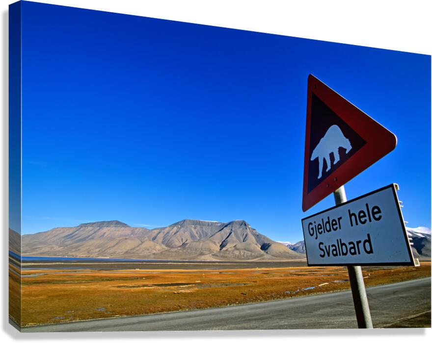 Warning sign for polar bears in Longyearbyen Svalbard Canvas Print