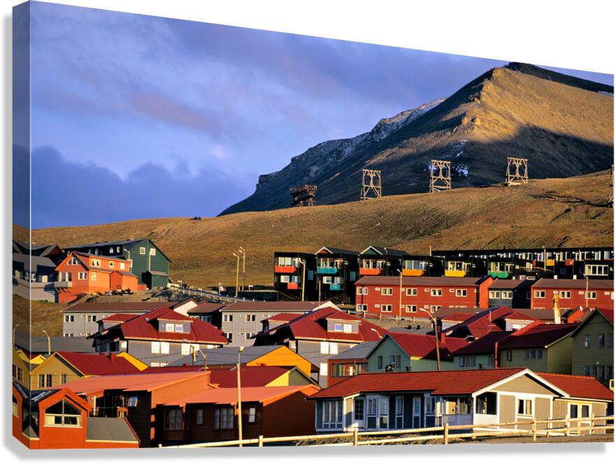 Colorful buildings in Longyearbyen Svalbard at sunset Canvas Print