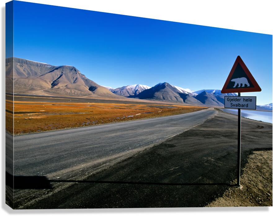 Warning signs for polar bears in Longyearbyen Svalbard Canvas Print