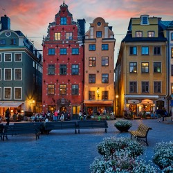 Enjoying evening at Stortorget square in Gamla Stan Stockholm