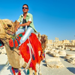 Camel driver in ancient Palmyra leading a tourist ride