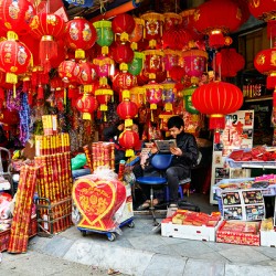 Market in Hanoi with decorations and items for sale