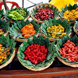 Vibrant food displays at Bangkoks floating market