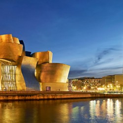 Guggenheim Museum and skyline of Bilbao at night